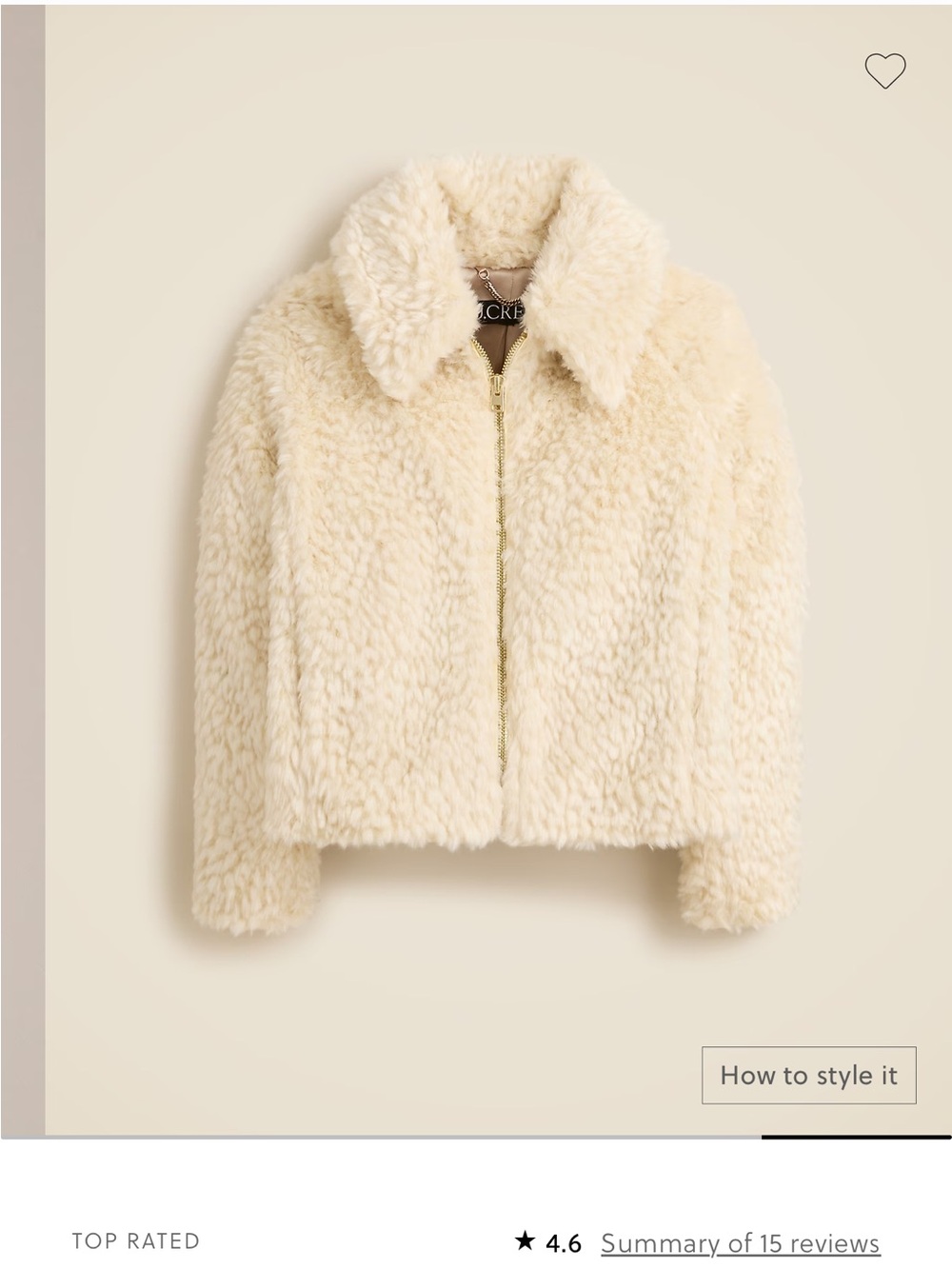 J. Crew Cream Faux Shearling Zip Jacket